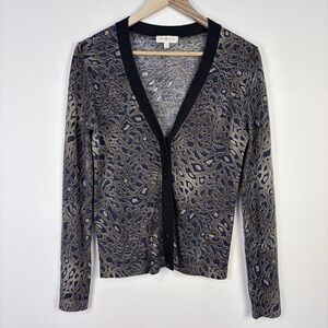 Tory Burch 100% Merino Wool Navy Animal Print Cardigan